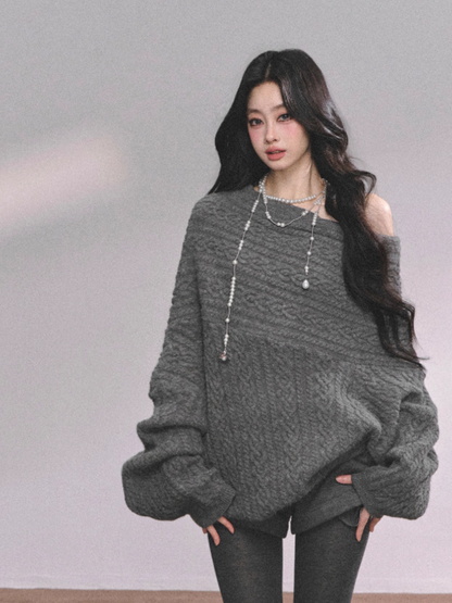 少也眼 Korean-Style Loose Fit Cable Knit Sweater