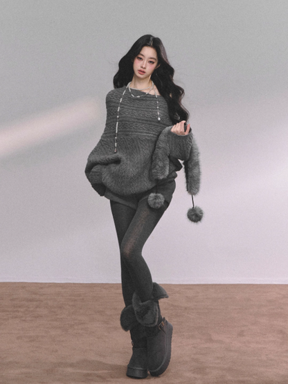 少也眼 Korean-Style Loose Fit Cable Knit Sweater