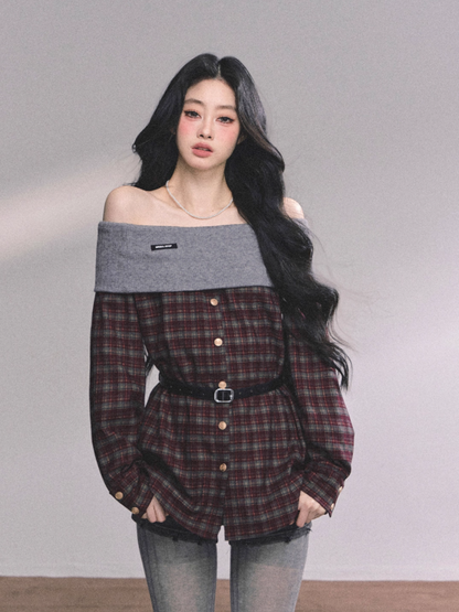 少也眼 Tipsy Marguerite Off-Shoulder Plaid Layered Look Top