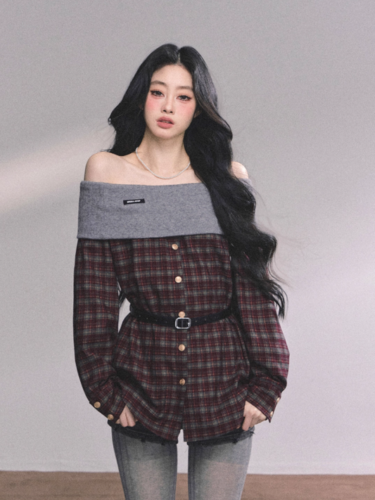 少也眼 Tipsy Marguerite Off-Shoulder Plaid Layered Look Top