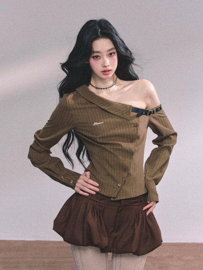 少也眼 Elegant American-Style Off-Shoulder Striped Shirt