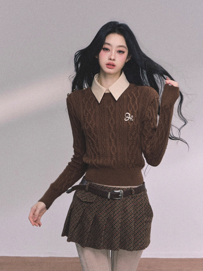 少也眼 Elegant Aesthetic Faux Two-Piece Long Sleeve Knit Sweater