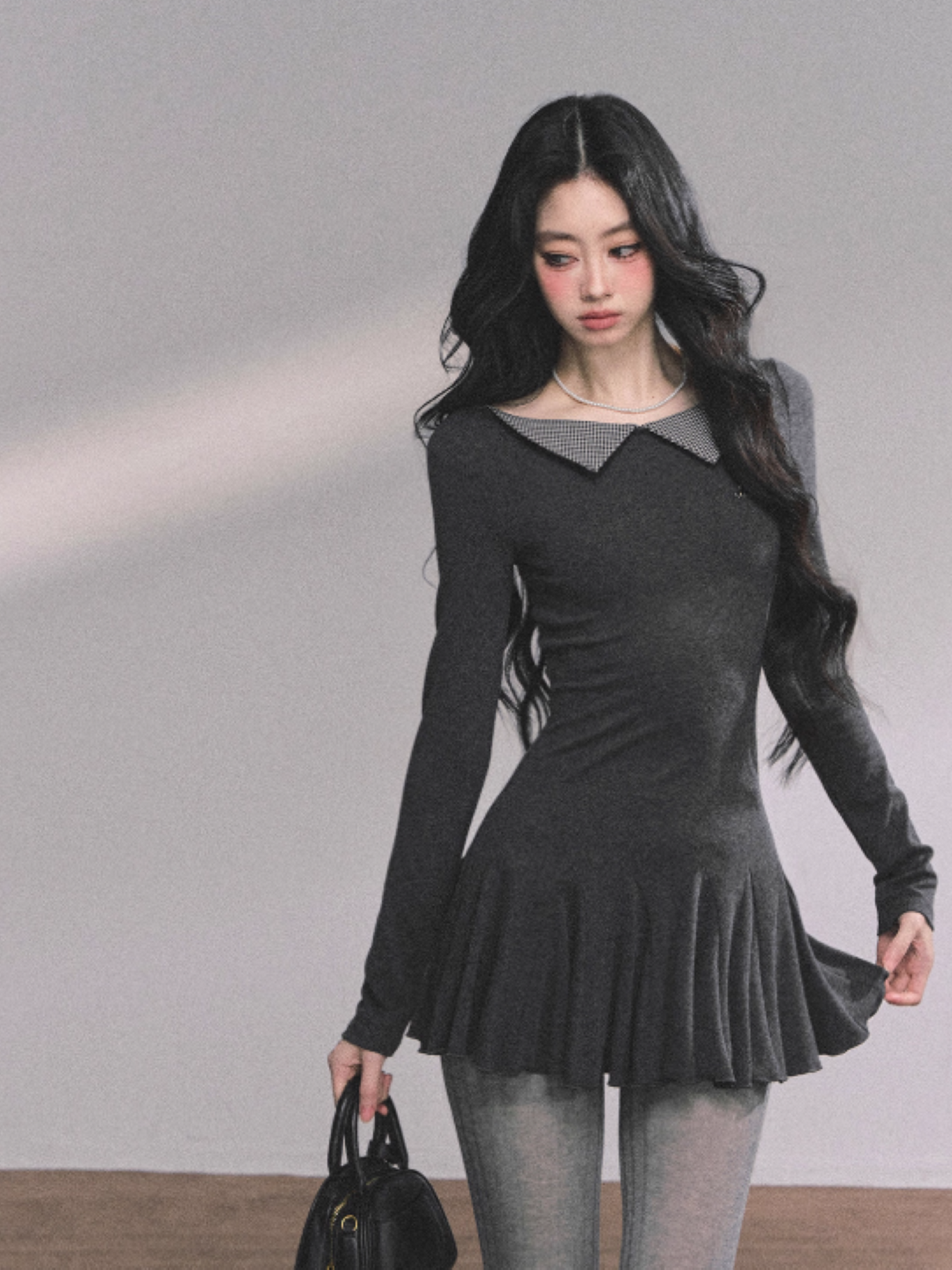 少也眼 Loston Gray Faux Two-Piece Long Sleeve Slim Fit Dress