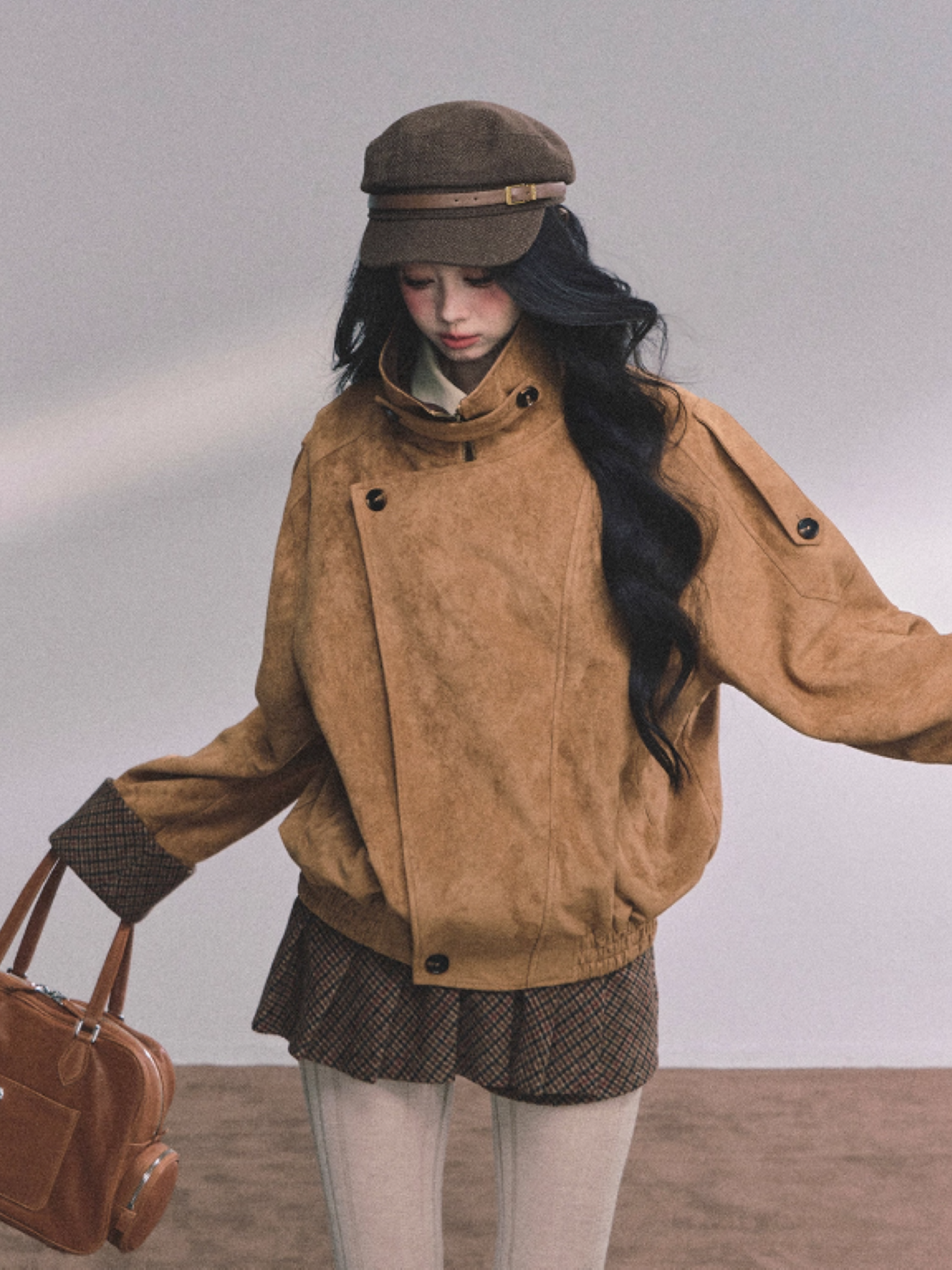 少也眼 Hazelnut Suede-Look Two-Piece Set (Jacket and Skort)