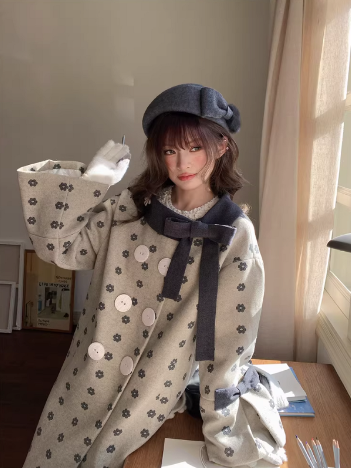 阮阮自制 - "Mild Butterfly" Bow-Embroidered Padded Wool-Blend Winter Coat
