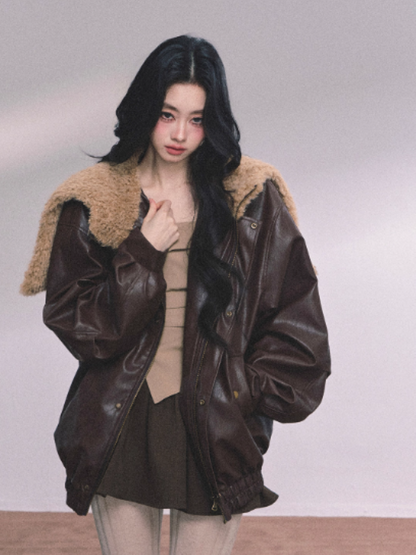 少也眼 Loose Fit PU Leather Jacket with Sherpa Lining