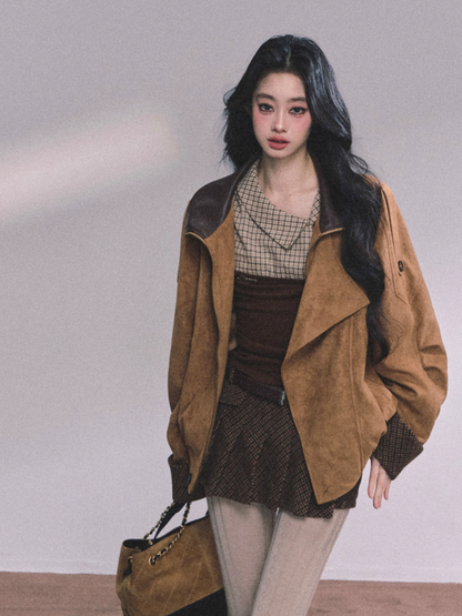 少也眼 Long Sleeve Knit Plaid Layered T-Shirt