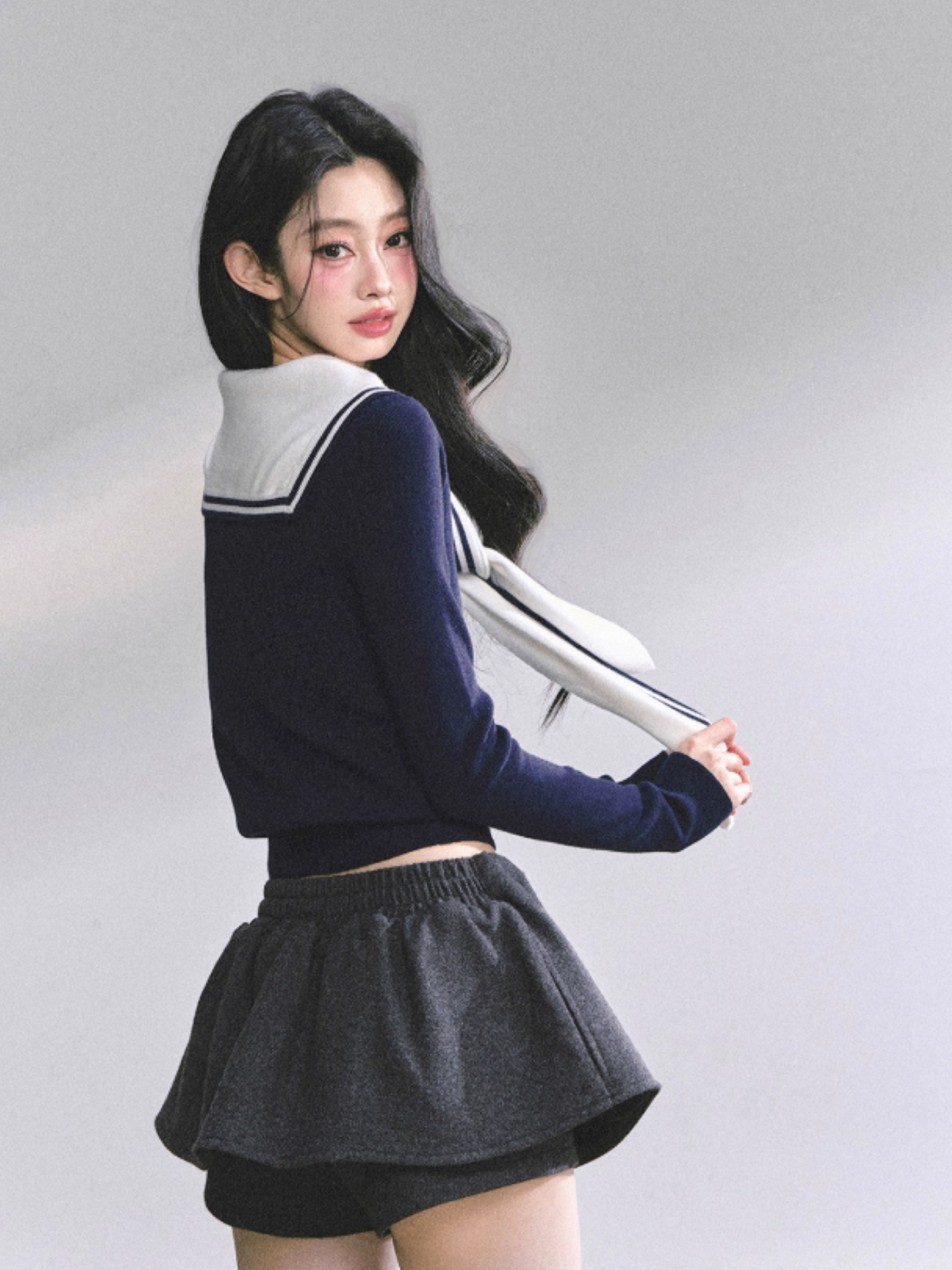 少也眼 Nautical Sailor Collar Long Sleeve Knit Tee
