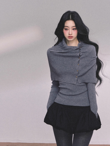 少也眼 Elegant Korean-Style Slim Fit Knit Long Sleeve Top with Cape