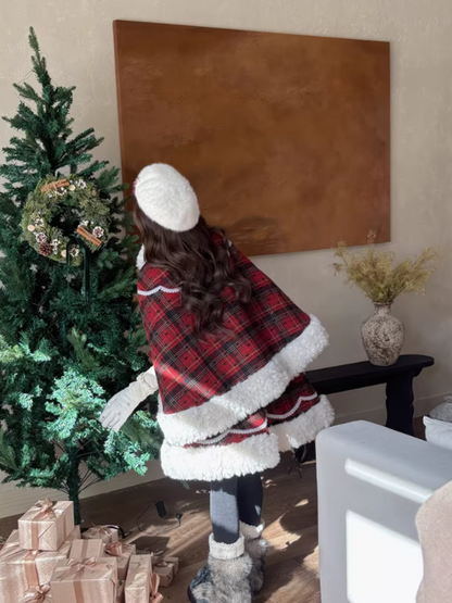 阮阮自制 - "Snowberry Dream" Plaid Cape Wool Blend Two-Piece Winter Set