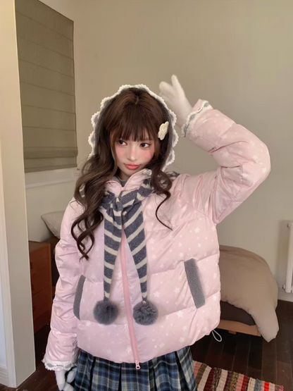 阮阮自制 - "Cherry Amber Star" Star Hooded White Duck Down Jacket