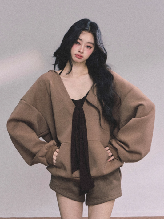 少也眼 Three-Piece Casual Hoodie Set – Loungewear Outfit in Khaki