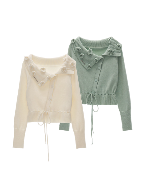 MAMC - Off-Shoulder Rose Button Knit Cardigan (Classic White)