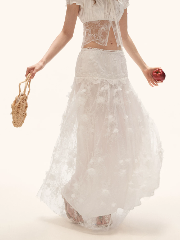 "Soft Petal Mood" 3D Floral Tulle Midi Skirt WE1002