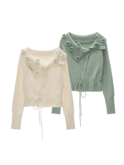 MAMC - Off-Shoulder Rose Button Knit Cardigan (Mint Green)