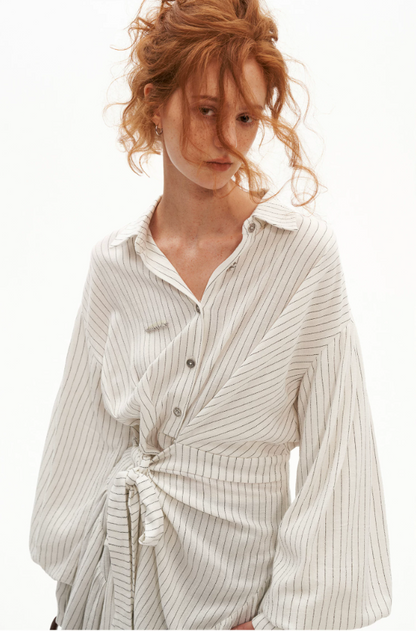 MAMC - White Striped Wrap Lantern-Sleeve Shirt