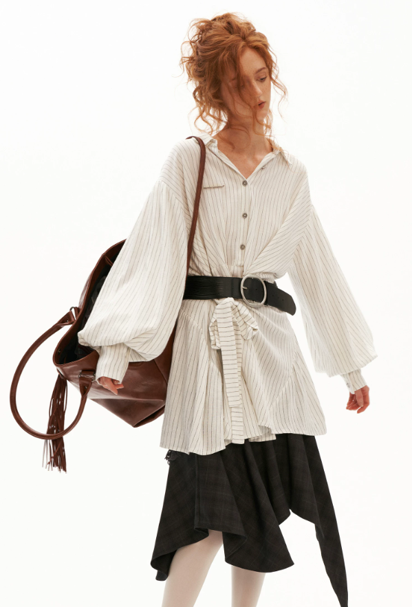 MAMC - White Striped Wrap Lantern-Sleeve Shirt