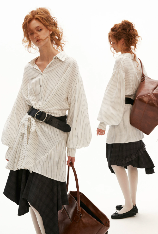 MAMC - White Striped Wrap Lantern-Sleeve Shirt