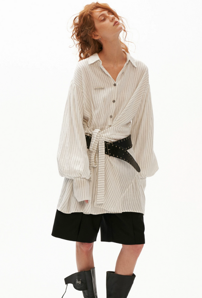 MAMC - White Striped Wrap Lantern-Sleeve Shirt