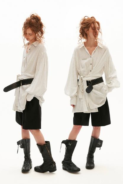 MAMC - White Striped Wrap Lantern-Sleeve Shirt