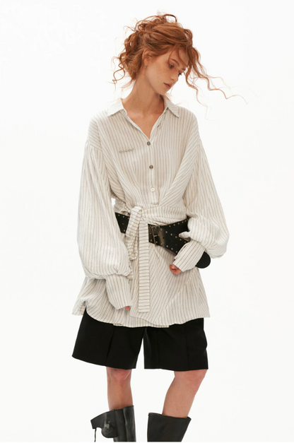 MAMC - White Striped Wrap Lantern-Sleeve Shirt