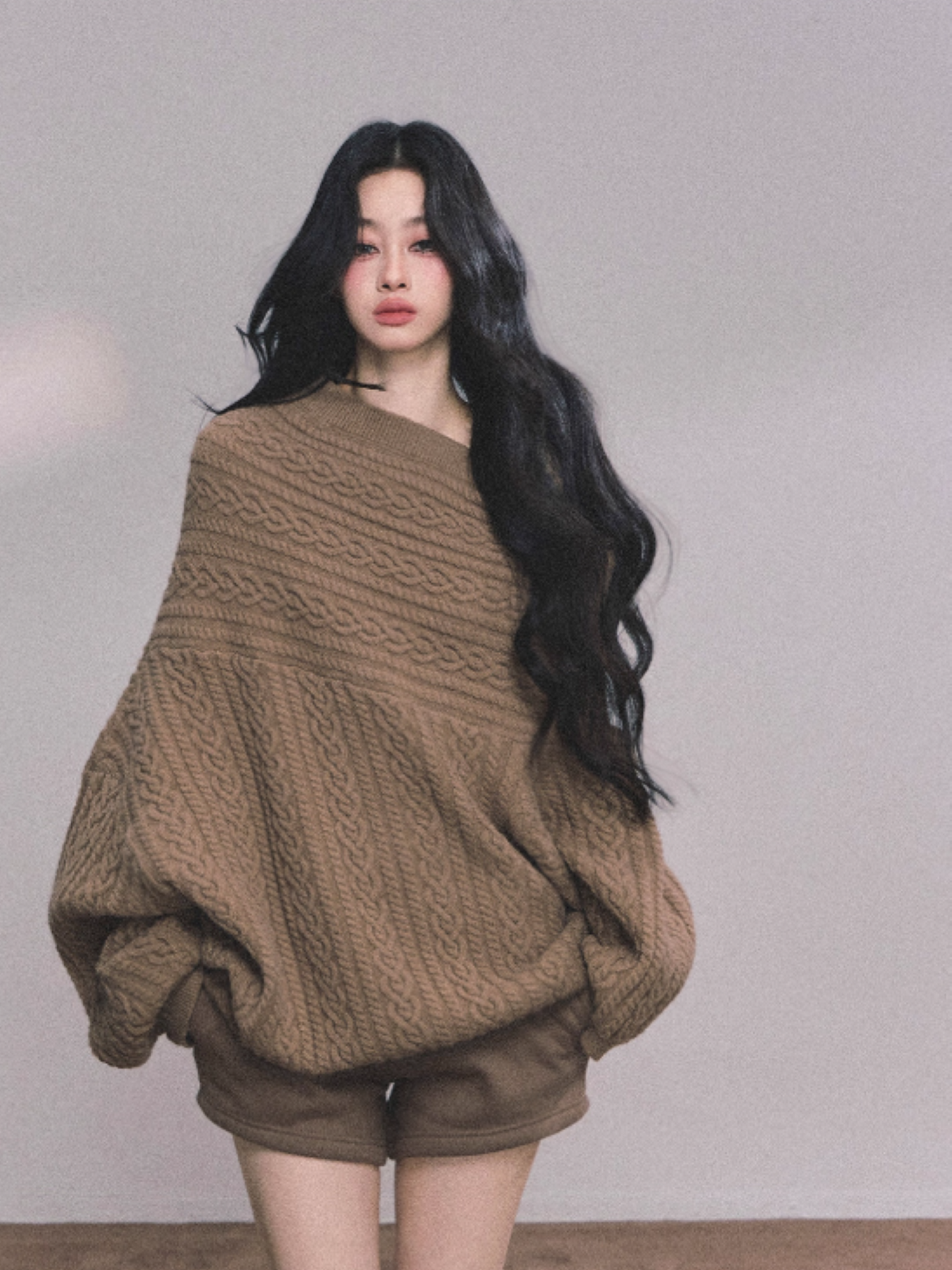 少也眼 Korean-Style Loose Fit Cable Knit Sweater