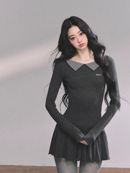 少也眼 Loston Gray Faux Two-Piece Long Sleeve Slim Fit Dress