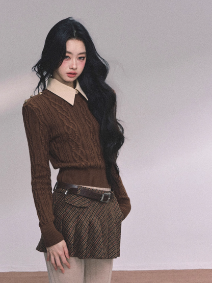 少也眼 Elegant Aesthetic Faux Two-Piece Long Sleeve Knit Sweater