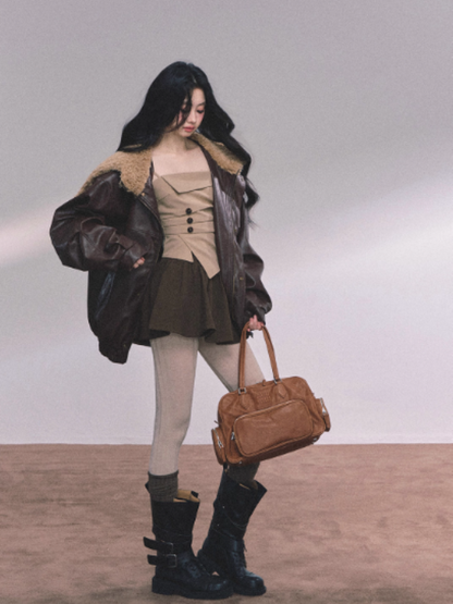 少也眼 Loose Fit PU Leather Jacket with Sherpa Lining