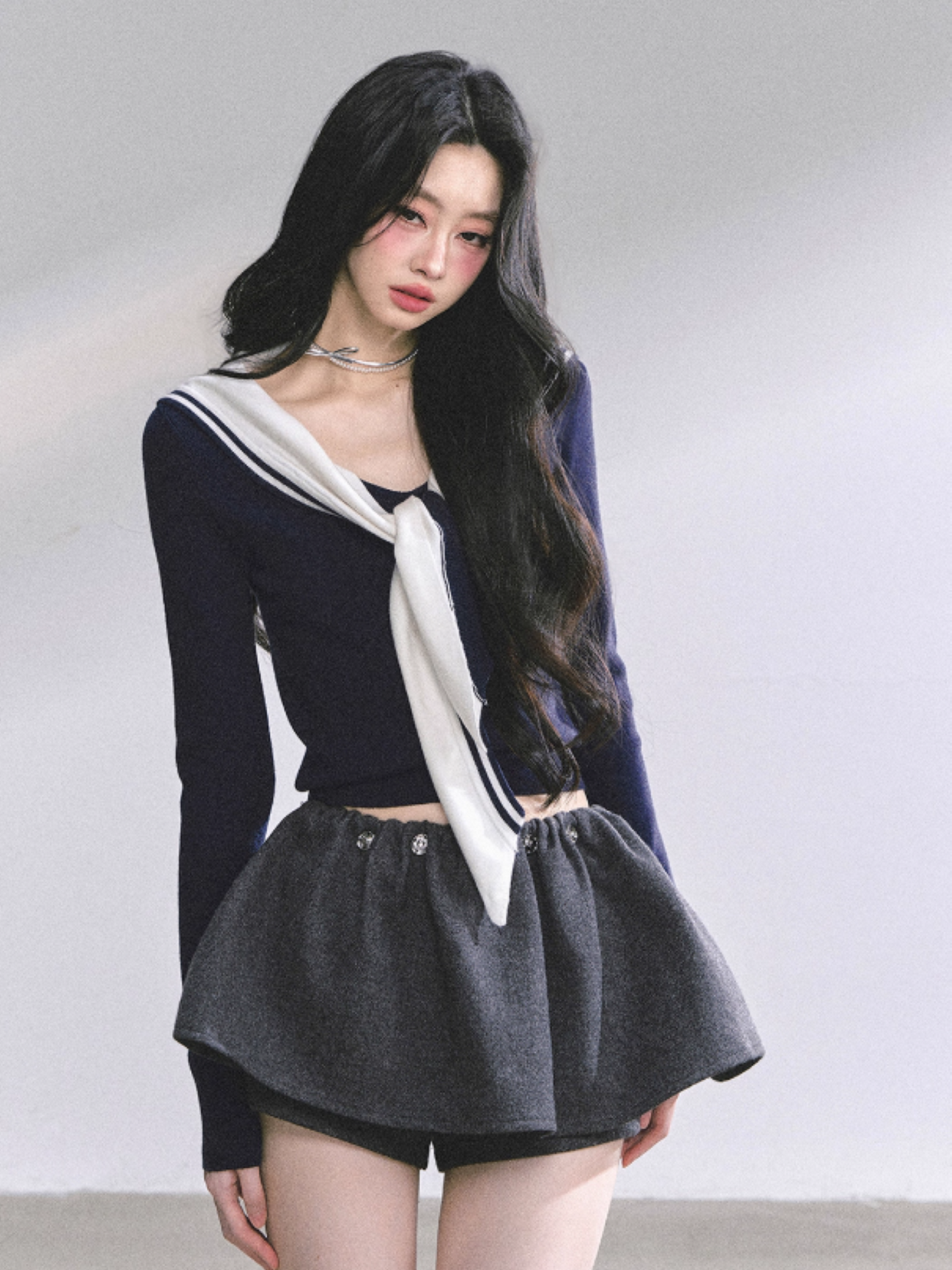 少也眼 Nautical Sailor Collar Long Sleeve Knit Tee