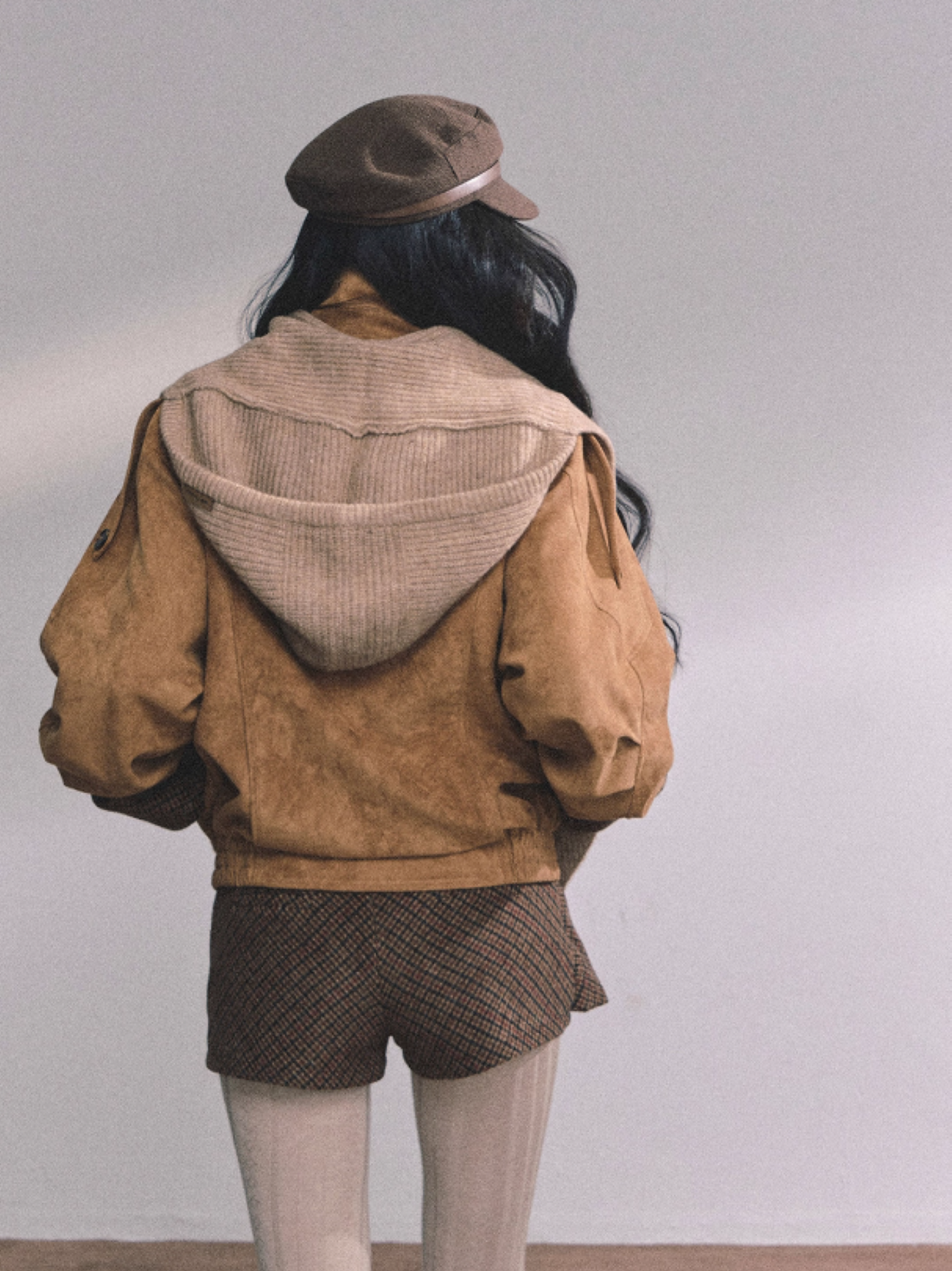 少也眼 Hazelnut Suede-Look Two-Piece Set (Jacket and Skort)