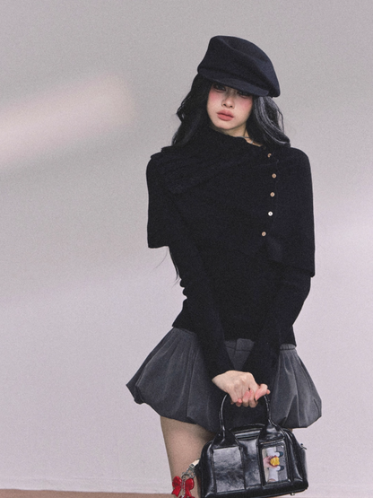 少也眼 Elegant Korean-Style Slim Fit Knit Long Sleeve Top with Cape