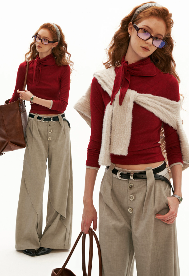 MAMC - Soft Wrap-Tie Fitted Long-Sleeve Top (Red / Black / White / Gray)