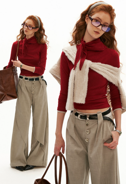 MAMC - Soft Wrap-Tie Fitted Long-Sleeve Top (Red / Black / White / Gray)