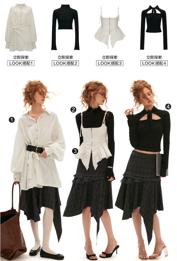 MAMC - Gray Plaid Asymmetrical Lace Midi Skirt