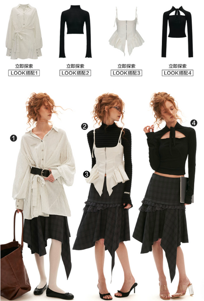 MAMC - Gray Plaid Asymmetrical Lace Midi Skirt
