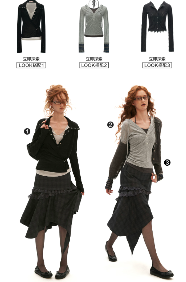 MAMC - Gray Plaid Asymmetrical Lace Midi Skirt