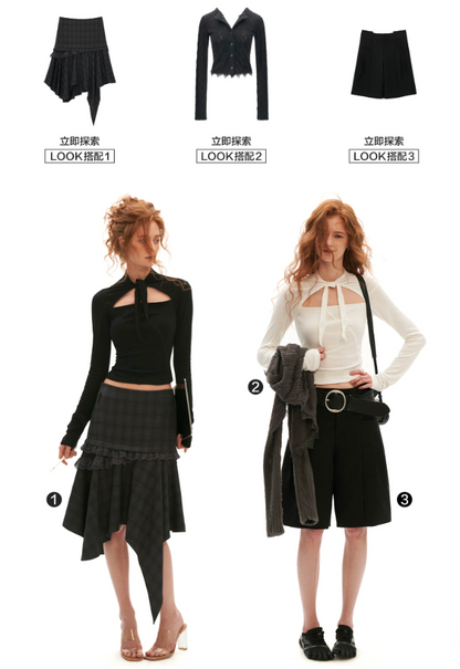 MAMC - Lace-Up Cutout Waist-Sculpt Long Sleeve Top (Black/ White)