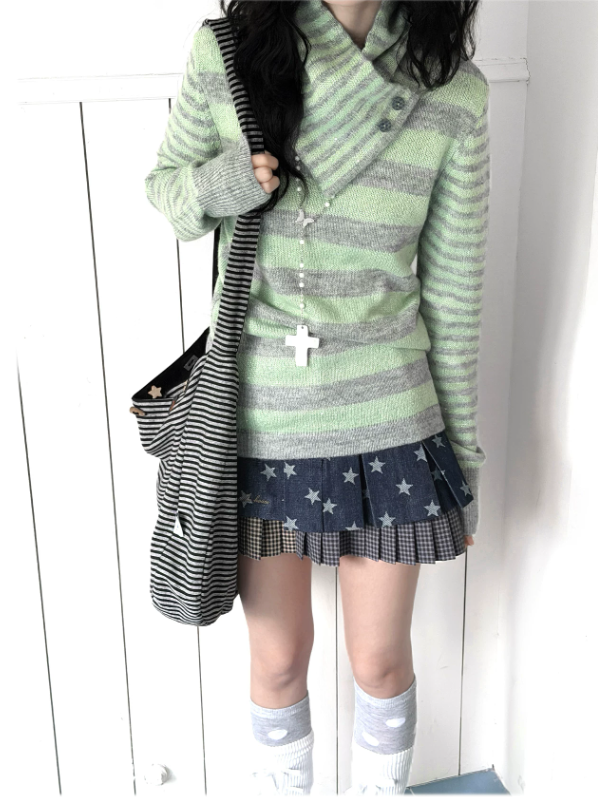 KYOUKO - Mint Green Gray Striped Knit Top with Detachable Collar