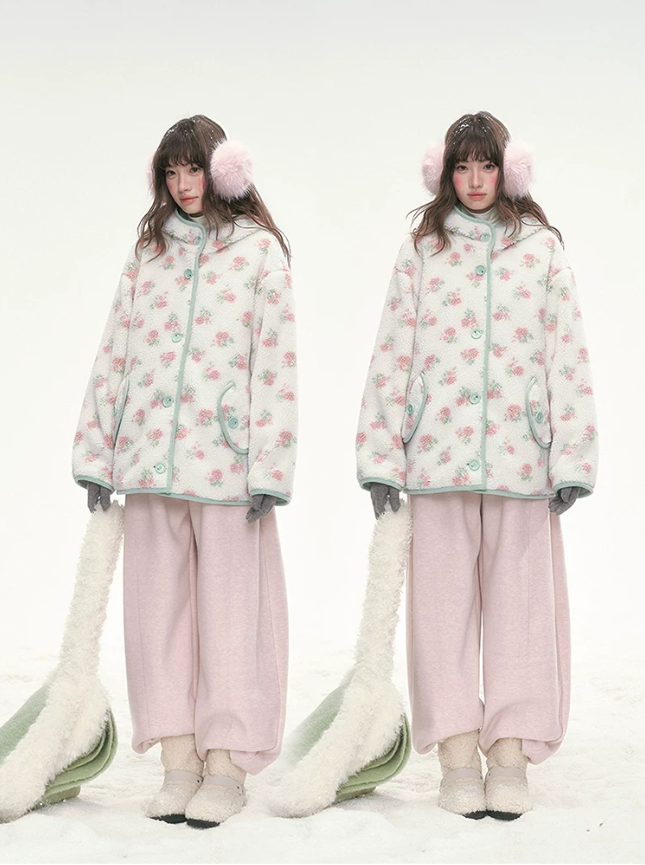 CANSTORE - Pink Floral Sherpa Hooded Jacket with Quilted Padding