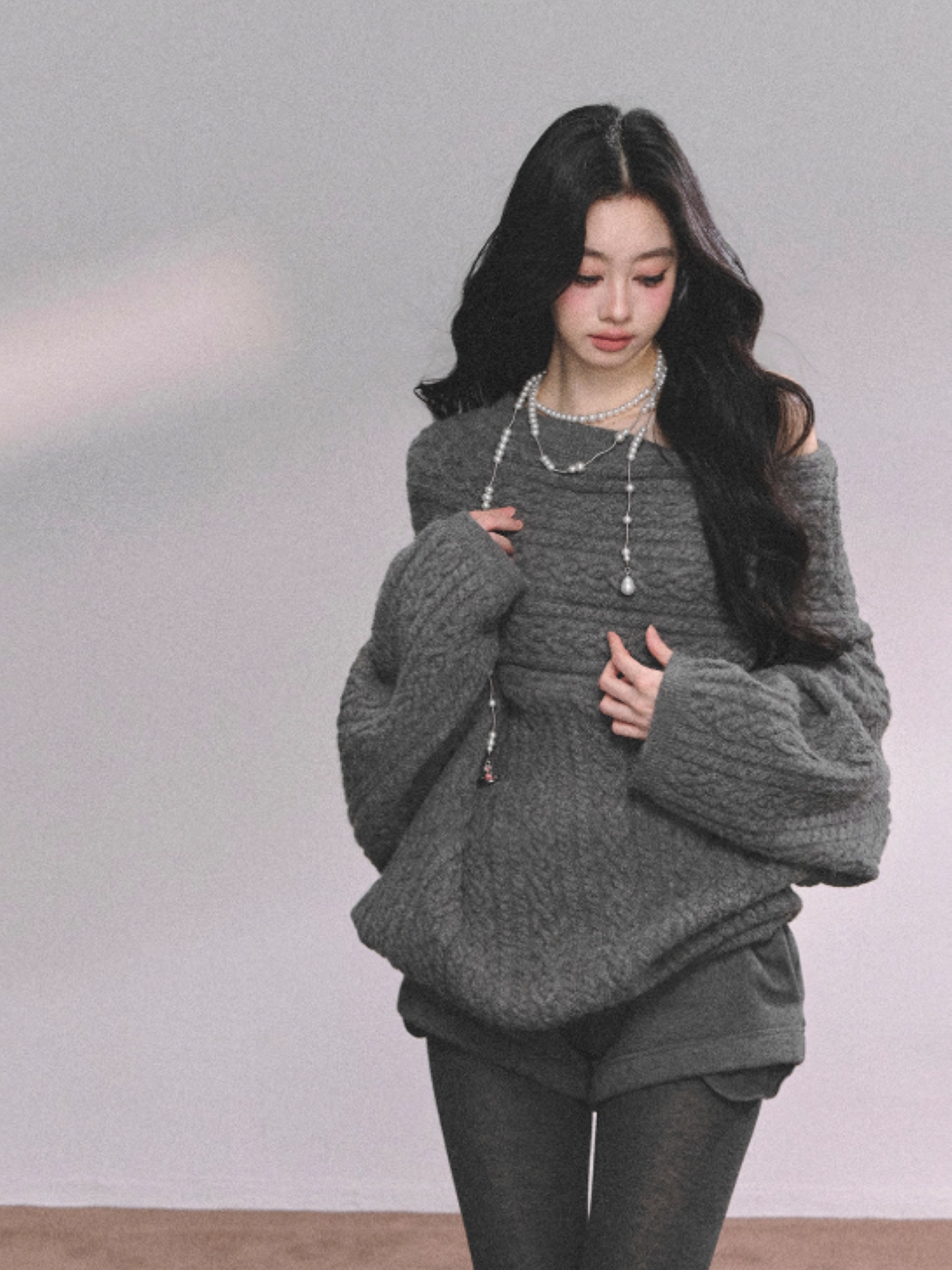 少也眼 Korean-Style Loose Fit Cable Knit Sweater