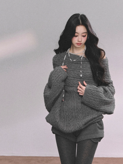 少也眼 Korean-Style Loose Fit Cable Knit Sweater