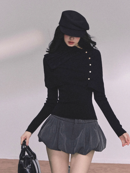 少也眼 Elegant Korean-Style Slim Fit Knit Long Sleeve Top with Cape