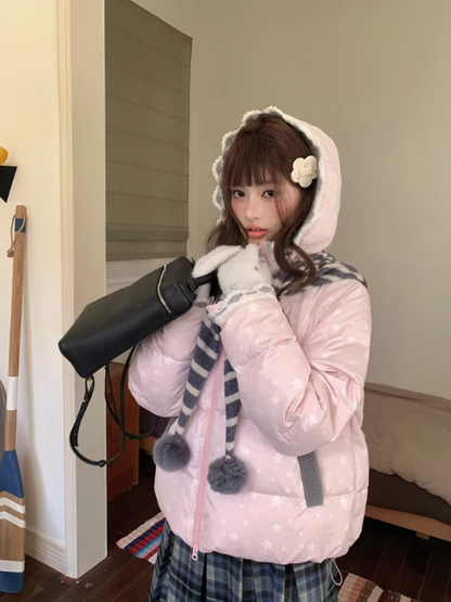 阮阮自制 - "Cherry Amber Star" Star Hooded White Duck Down Jacket