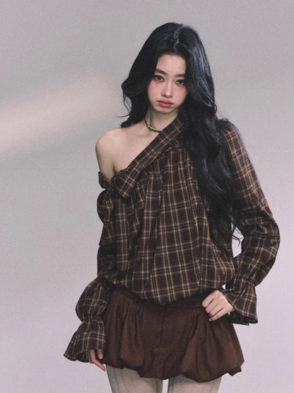 少也眼 Luxe Leeds Loose Fit Off-Shoulder Slimming Plaid Shirt