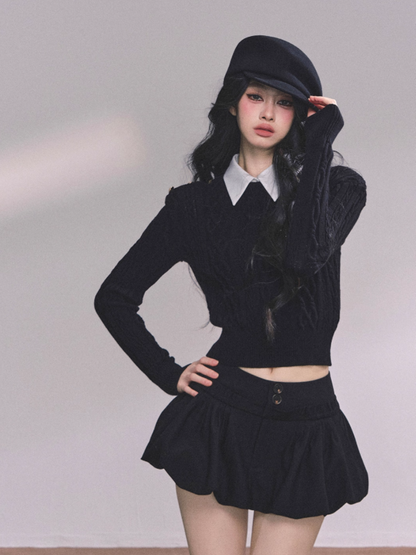 少也眼 Elegant Aesthetic Faux Two-Piece Long Sleeve Knit Sweater