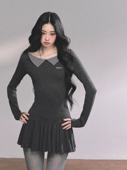 少也眼 Loston Gray Faux Two-Piece Long Sleeve Slim Fit Dress