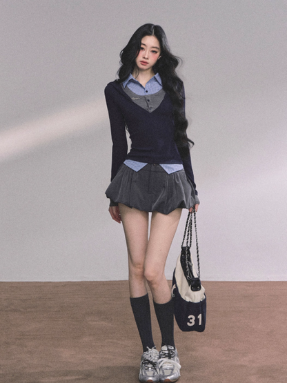 少也眼 American-Style Layered Look Long Sleeve Knit Tee