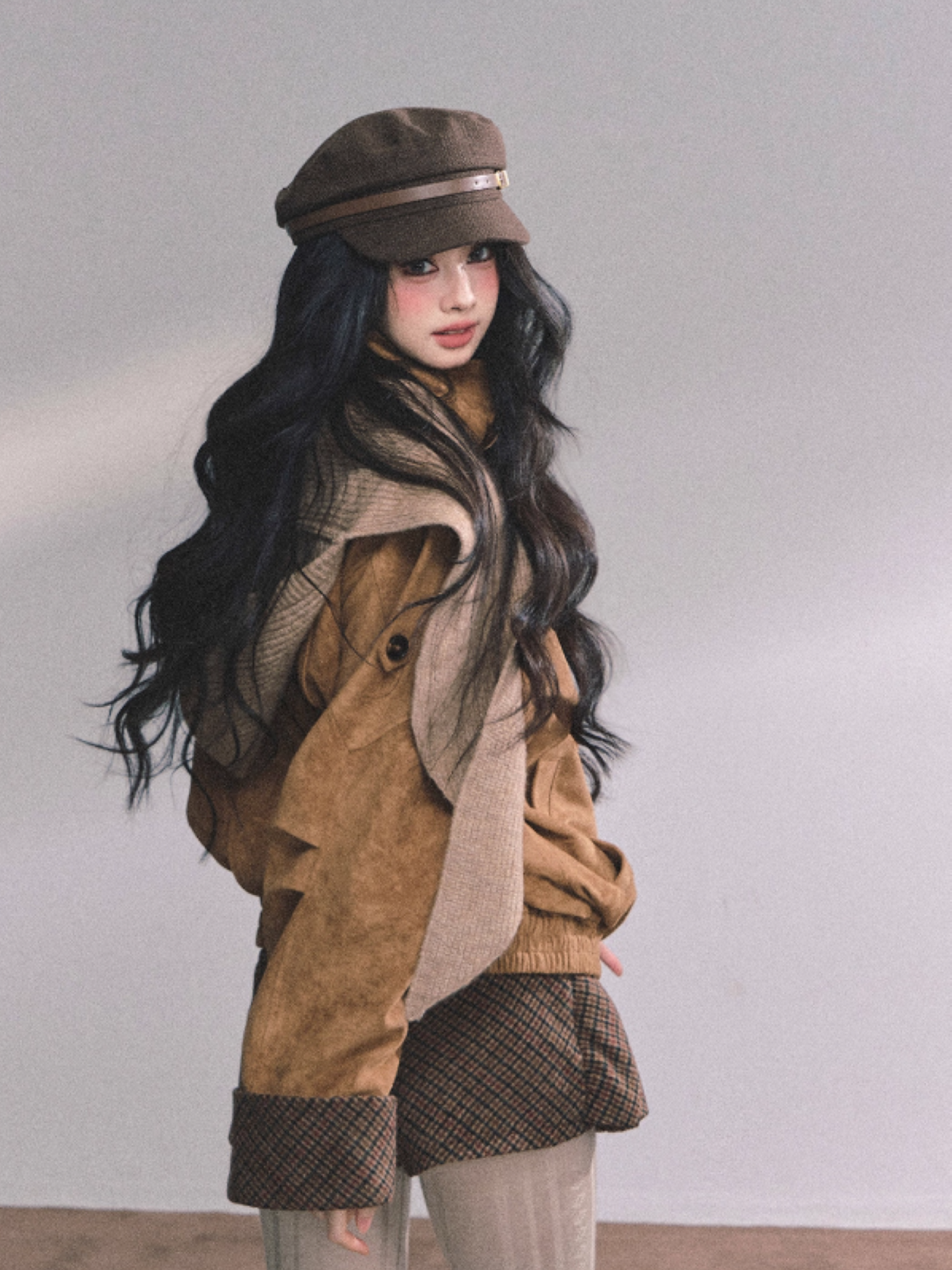 少也眼 Hazelnut Suede-Look Two-Piece Set (Jacket and Skort)