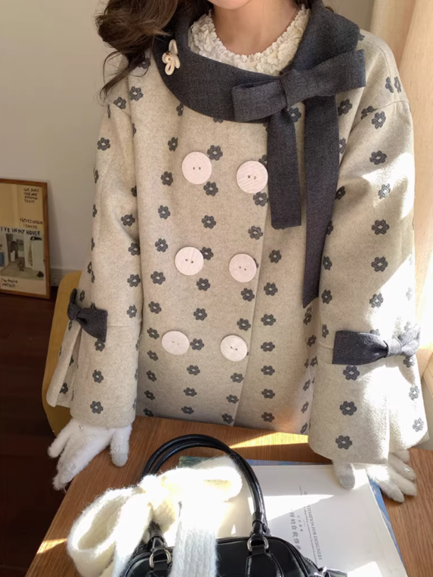 阮阮自制 - "Mild Butterfly" Bow-Embroidered Padded Wool-Blend Winter Coat